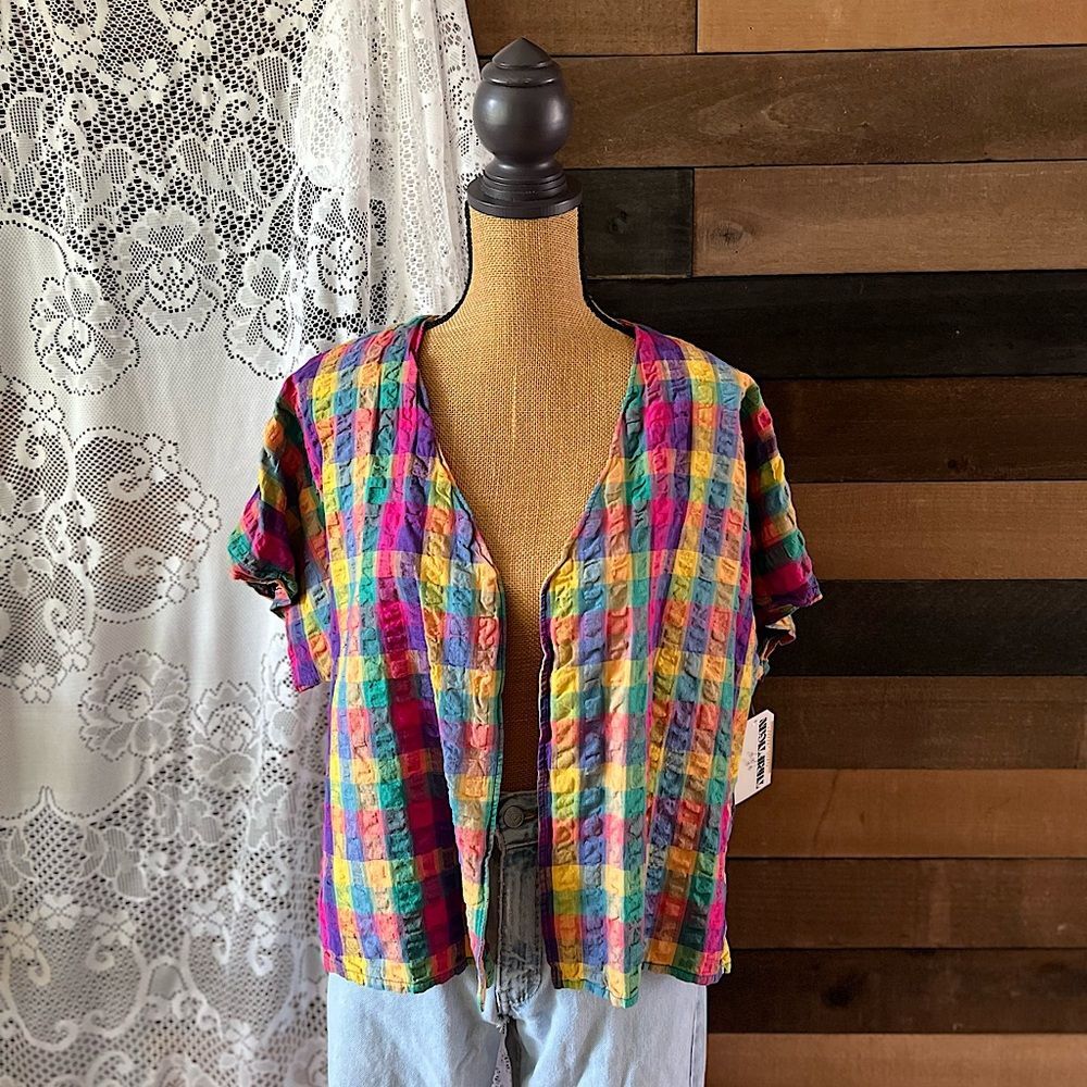 Handmade Rainbow Checkered Plaid Open Short Sleeve Vintage Top